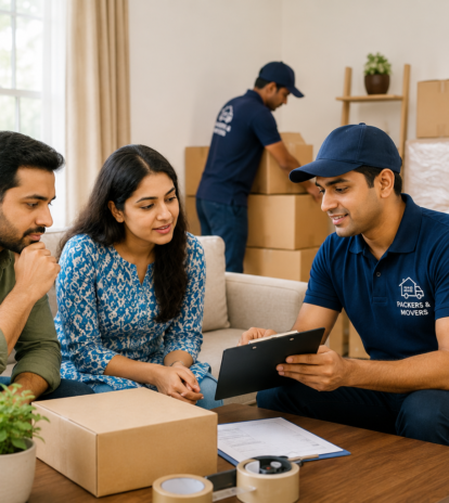 Family discussing relocation plans with professional packers and movers in Kanpur