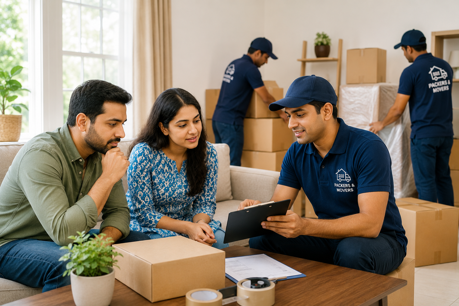 Family discussing relocation plans with professional packers and movers in Kanpur